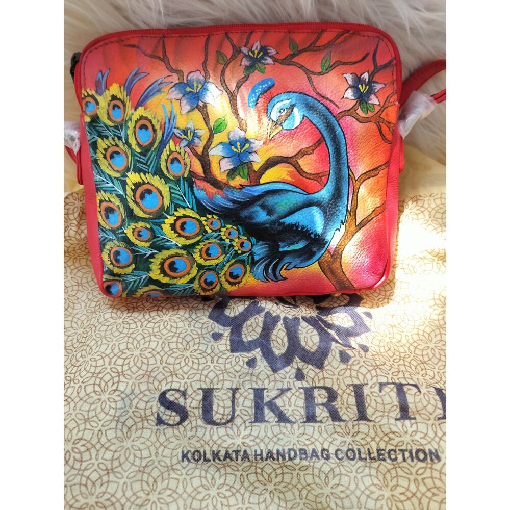 5532)Vivid by Sukriti Leather Handpainted Red Peacock Sunset Hobo Crossbody Bag